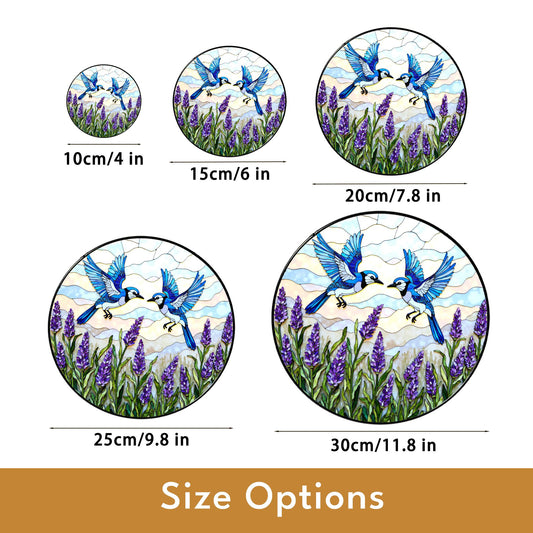 Blue birds with lavender stained glass suncatcher round window decor gift for mom