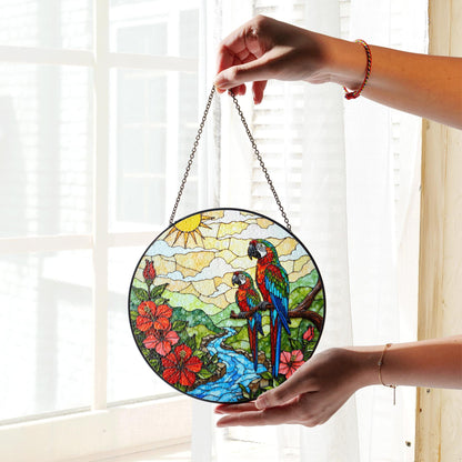 Colorful Parrots River Scene Stained Glass Style Suncatcher Window Hanging Gift for Mom
