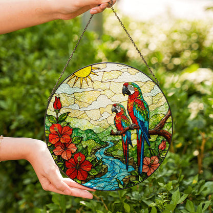 Colorful Parrots River Scene Stained Glass Style Suncatcher Window Hanging Gift for Mom
