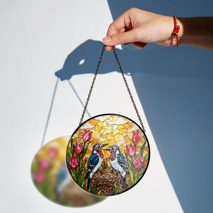 Two Birds and Tulips Stained Glass Suncatcher Colorful Window Hanging Gift for Mom