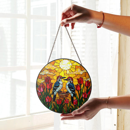 Woodpeckers Tulip Garden Stained Glass Suncatcher Window Hanging Bird Gift for Mom
