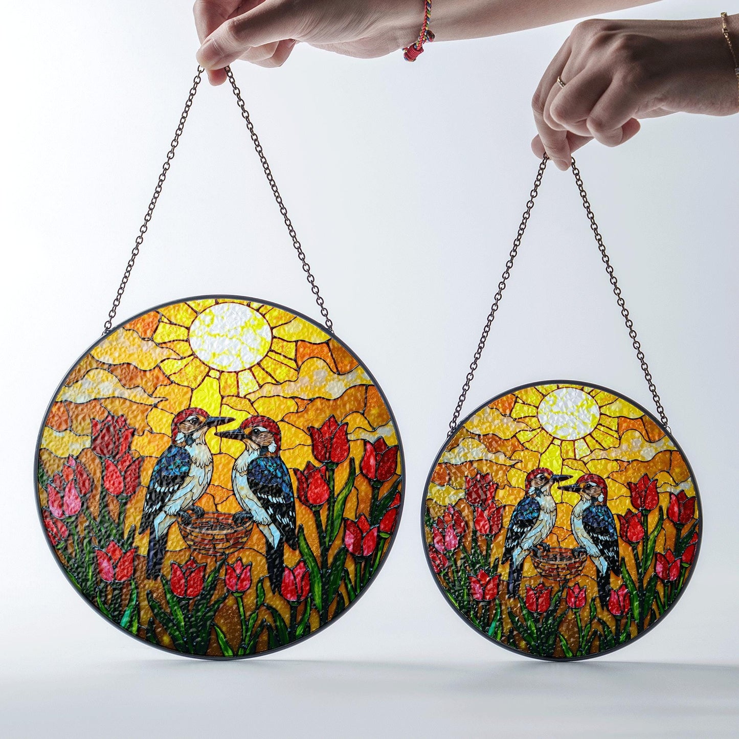 Woodpeckers Tulip Garden Stained Glass Suncatcher Window Hanging Bird Gift for Mom