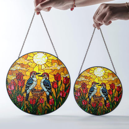Woodpeckers Tulip Garden Stained Glass Suncatcher Window Hanging Bird Gift for Mom