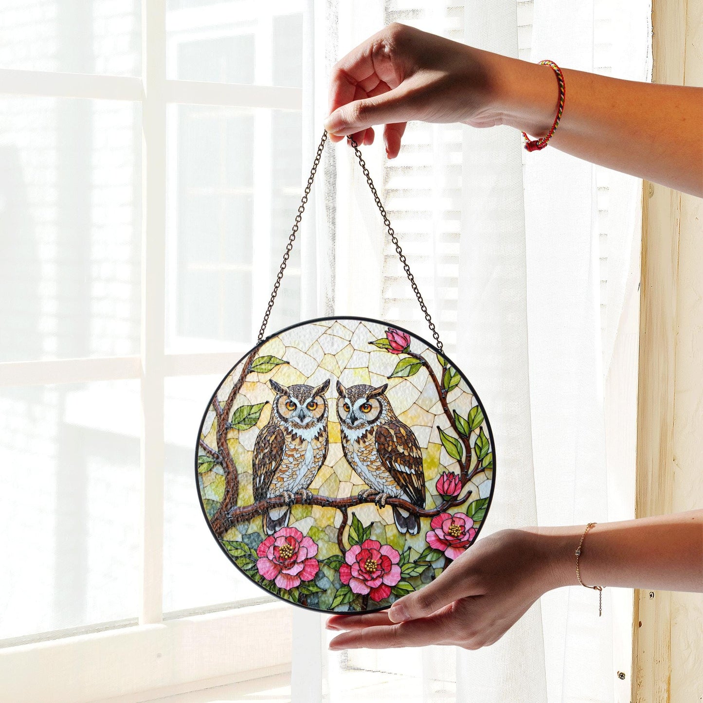 Two Owls on Flowering Branch Stained Glass Style Round Suncatcher Gift for Bird Lovers