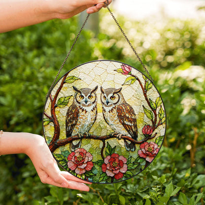 Two Owls on Flowering Branch Stained Glass Style Round Suncatcher Gift for Bird Lovers