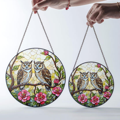 Two Owls on Flowering Branch Stained Glass Style Round Suncatcher Gift for Bird Lovers