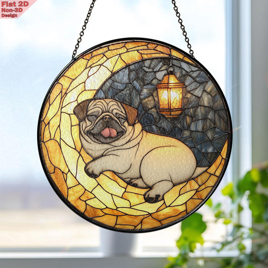 Pug on Moon Faux Stained Glass Suncatcher – Cozy Dog and Lantern Night Scene Window Decor, Gift for Pet Lovers, Dog Moms, and Peaceful Homes