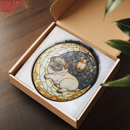 Pug on Moon Faux Stained Glass Suncatcher – Cozy Dog and Lantern Night Scene Window Decor, Gift for Pet Lovers, Dog Moms, and Peaceful Homes