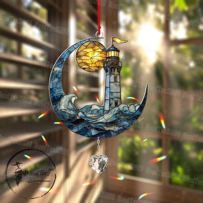 Lighthouse Window Hanging with Crystal, Crescent Moon and Ocean Wave Design, Nautical Window Decoration for Coastal Home,Gift or Beach Lover