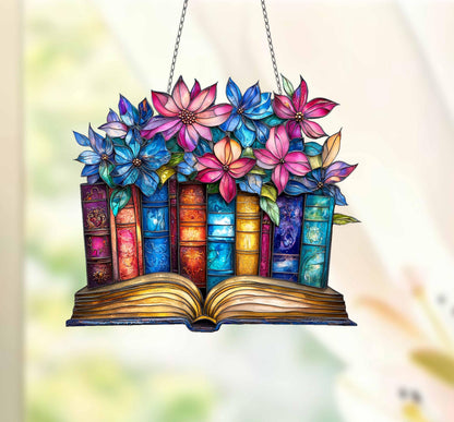 Floral Book  ACRYLIC Window Hanging, Book Lover decor, Gift for her, Book Club Gift, Book Reader Gifts, Book Club Ornament Wall Art
