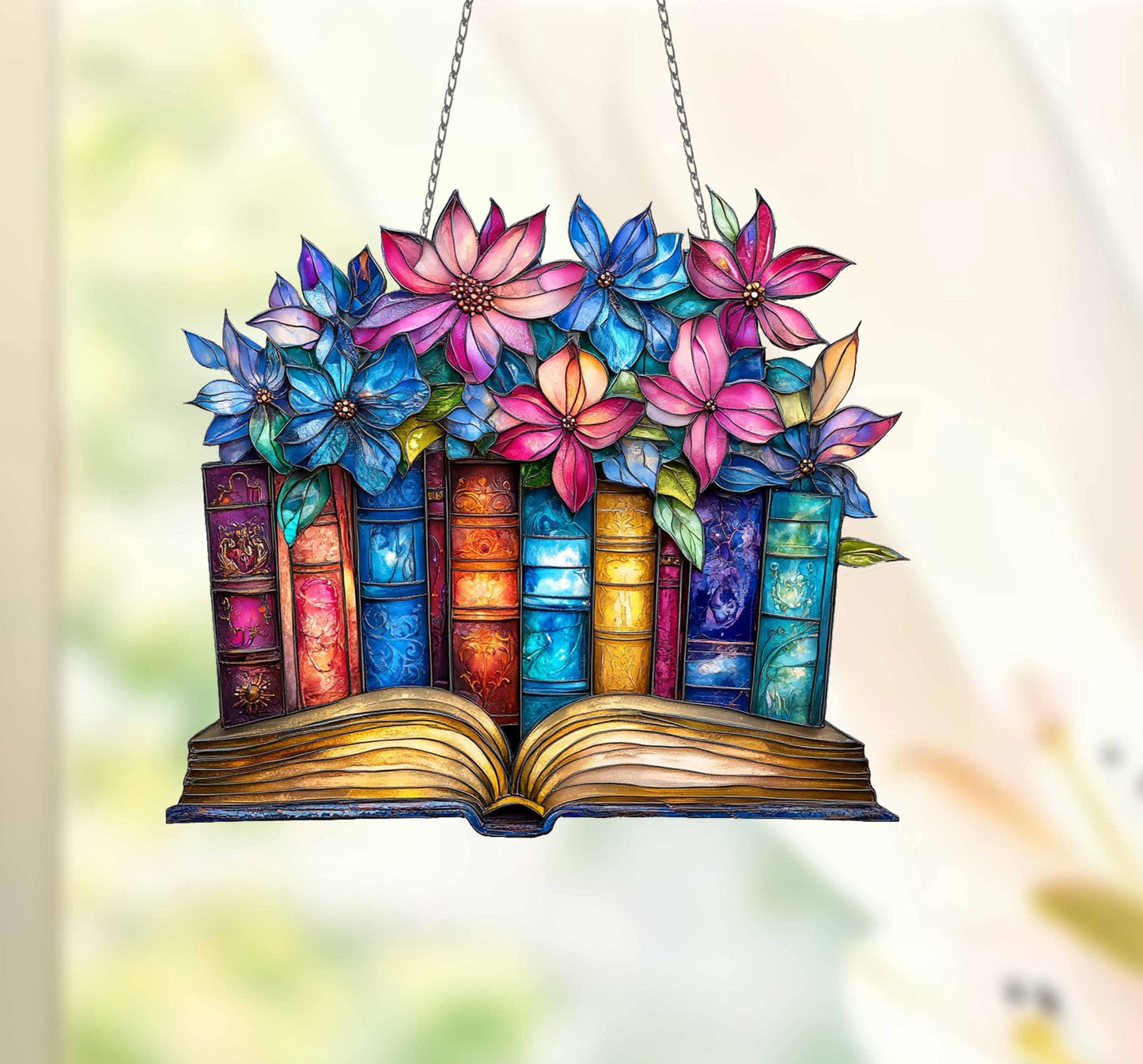 Floral Book  ACRYLIC Window Hanging, Book Lover decor, Gift for her, Book Club Gift, Book Reader Gifts, Book Club Ornament Wall Art