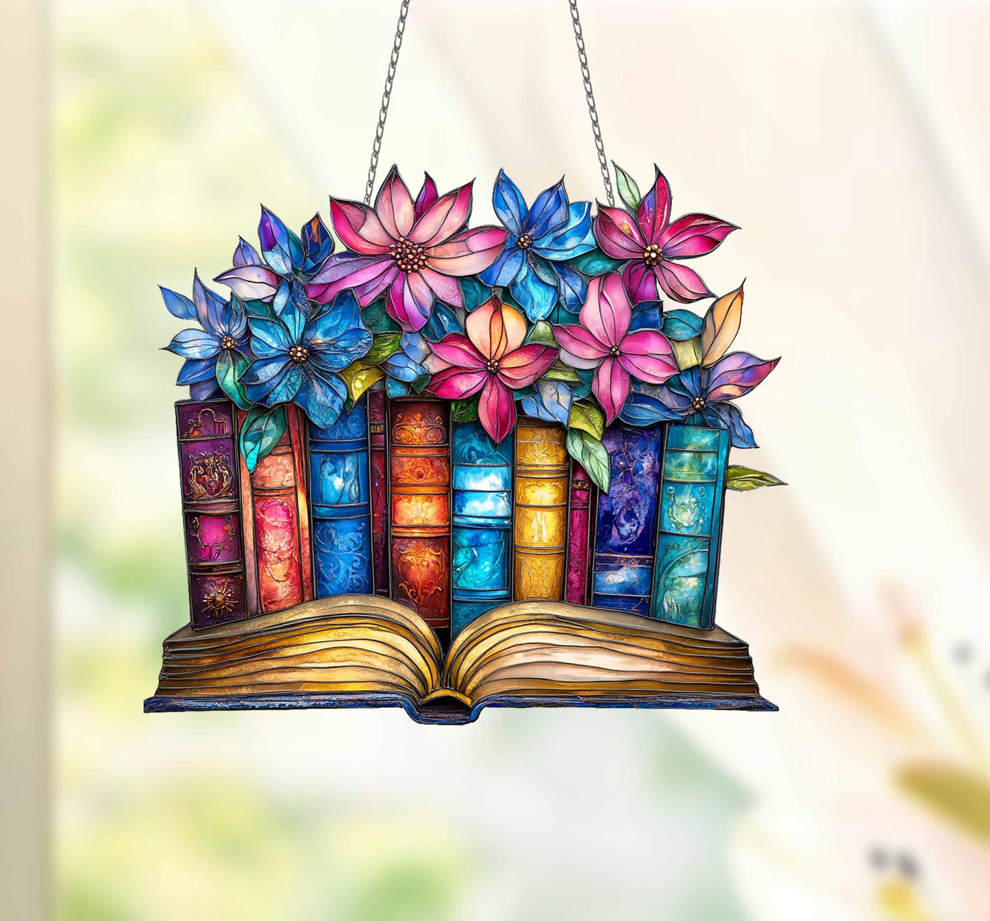 Floral Book  ACRYLIC Window Hanging, Book Lover decor, Gift for her, Book Club Gift, Book Reader Gifts, Book Club Ornament Wall Art