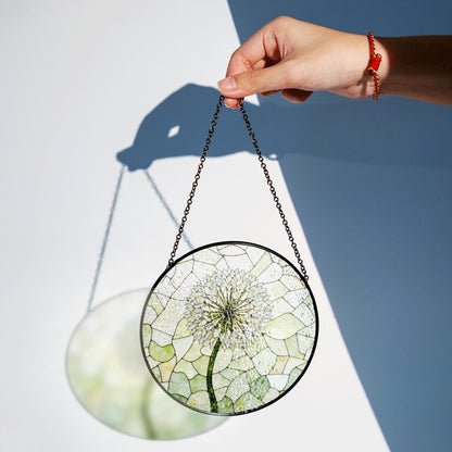 Dandelion bloom stained glass suncatcher round window charm gift for nature lover