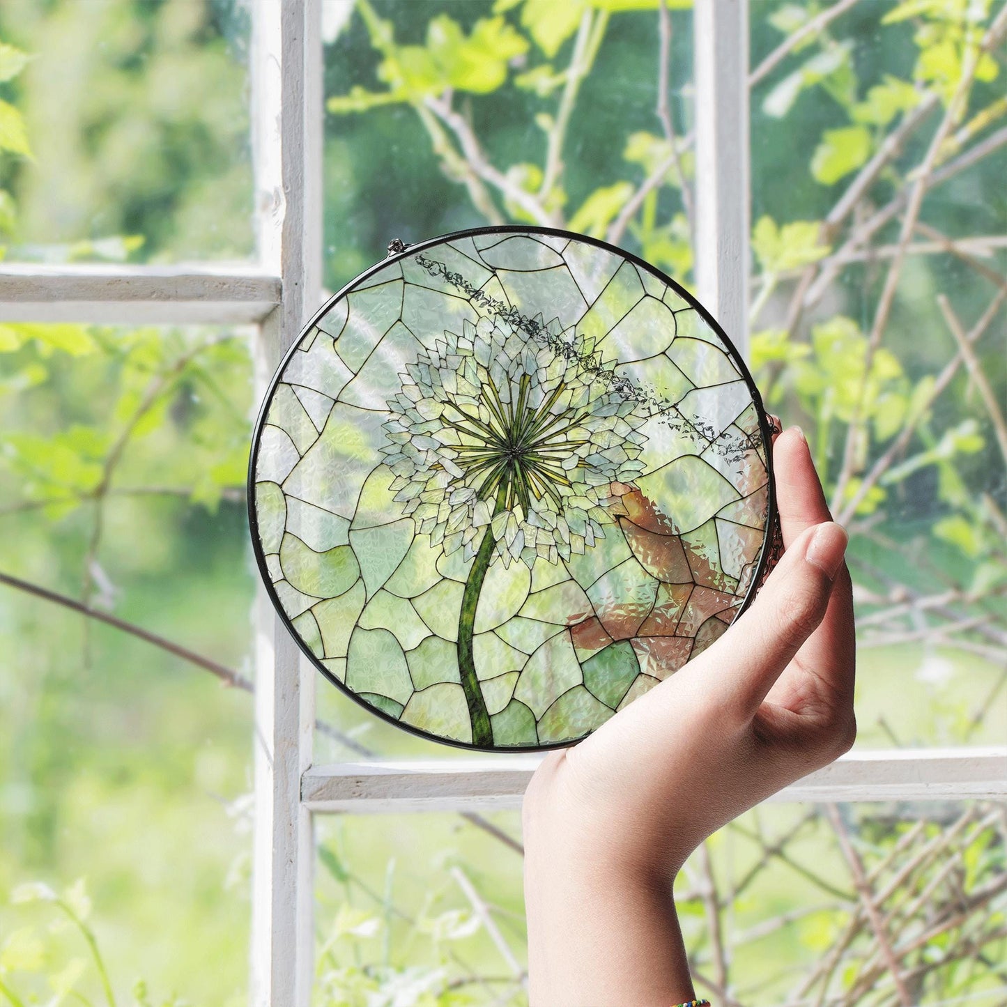 Dandelion bloom stained glass suncatcher round window charm gift for nature lover