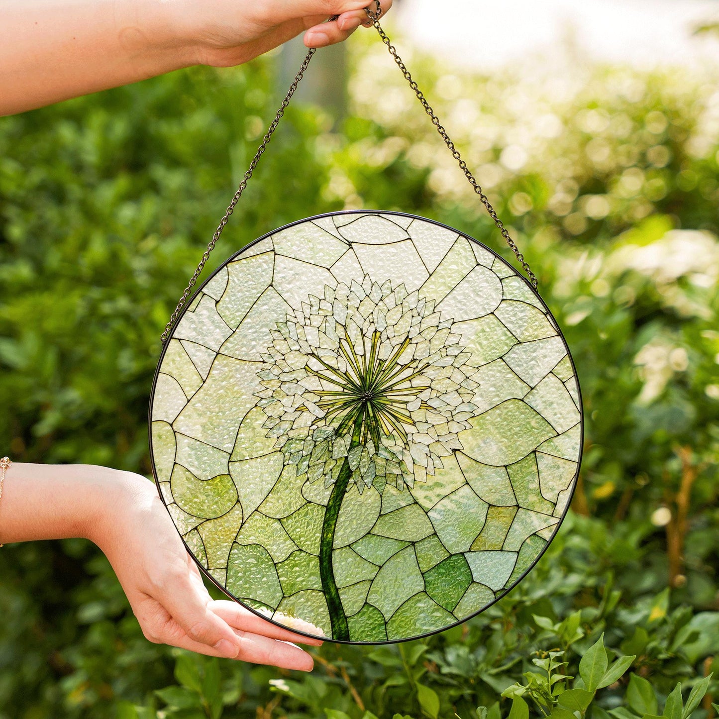 Dandelion bloom stained glass suncatcher round window charm gift for nature lover