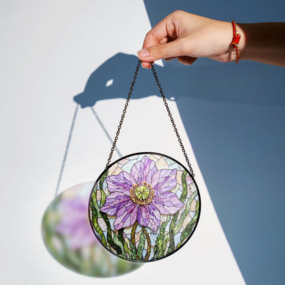 Purple floral glass panel round suncatcher for window light gift for garden lover mom friend