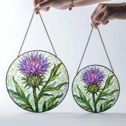 Purple thistle flower stained glass window hanging suncatcher gift for botanical art lovers