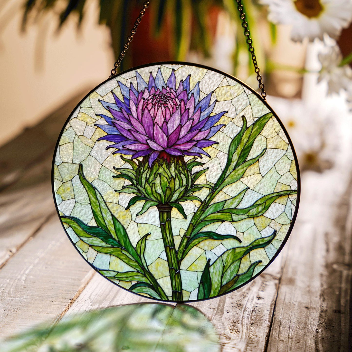 Purple thistle flower stained glass window hanging suncatcher gift for botanical art lovers