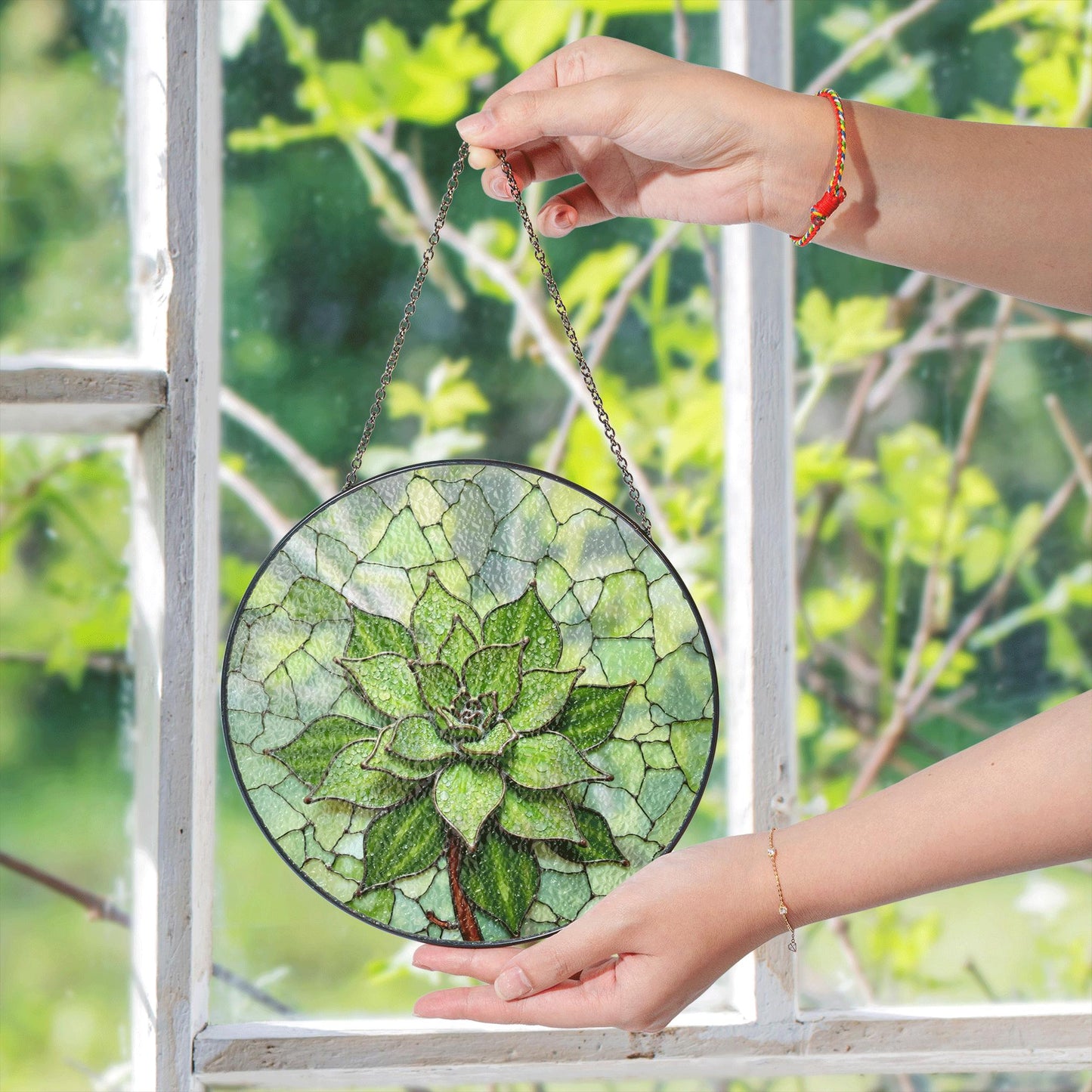 Green succulent art glass round suncatcher plant window decor gift for plant lover or garden mom