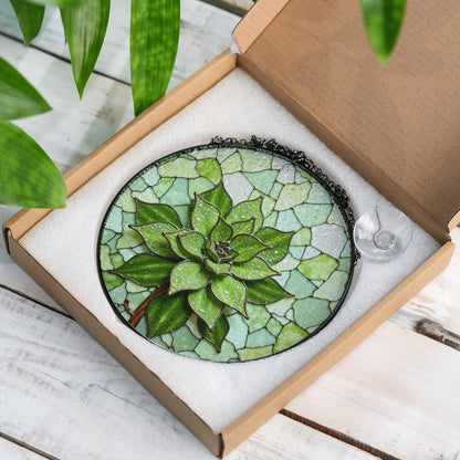 Green succulent art glass round suncatcher plant window decor gift for plant lover or garden mom