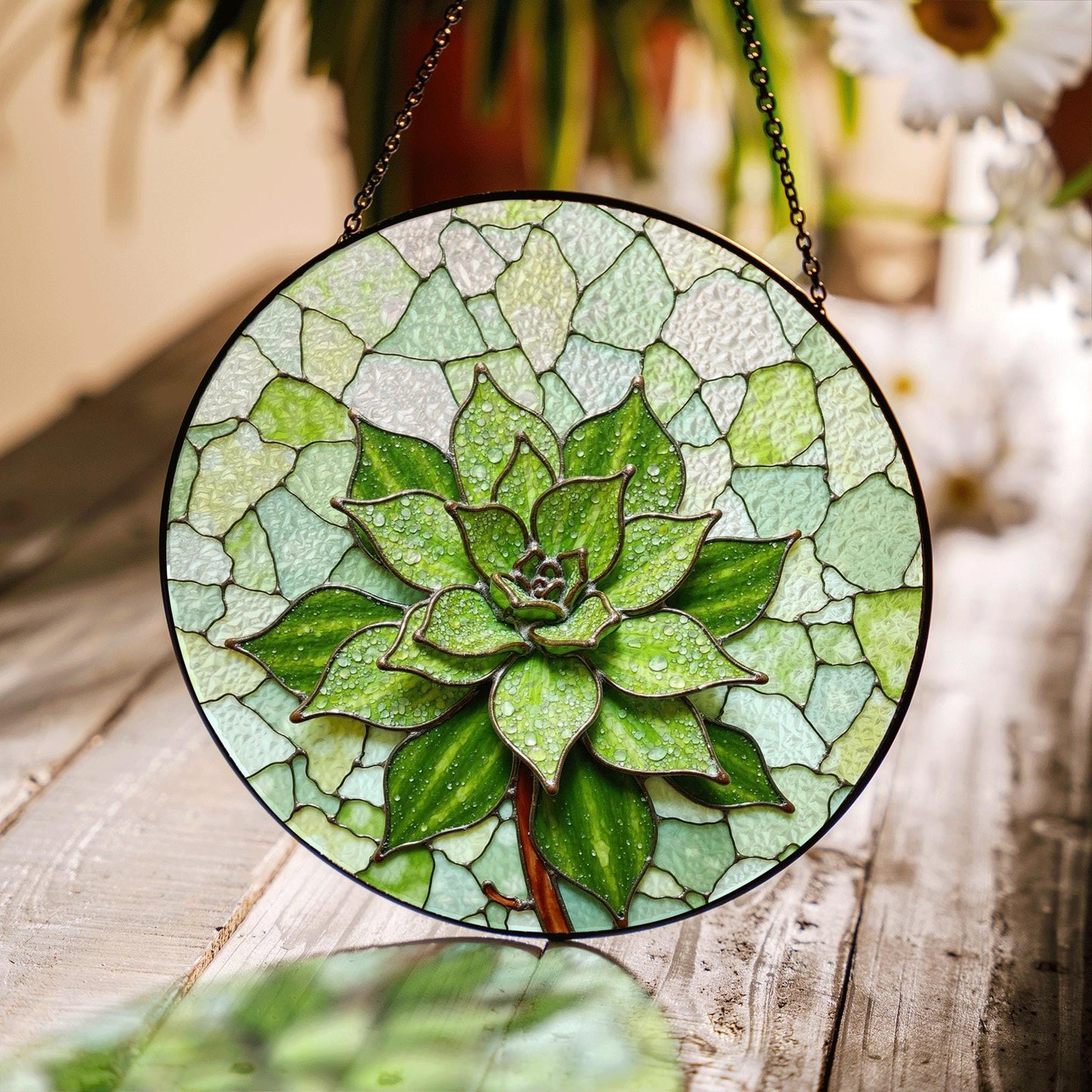 Green succulent art glass round suncatcher plant window decor gift for plant lover or garden mom