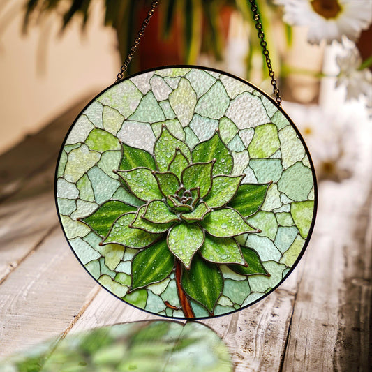 Green succulent art glass round suncatcher plant window decor gift for plant lover or garden mom