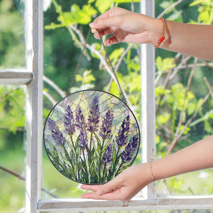 Lavender field bloom round stained glass suncatcher floral window decor gift for garden lover
