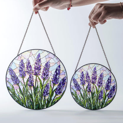 Lavender field bloom round stained glass suncatcher floral window decor gift for garden lover