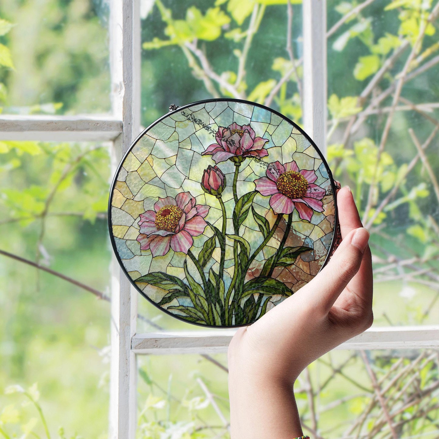 Pink floral stained glass round suncatcher window decor for mom gift