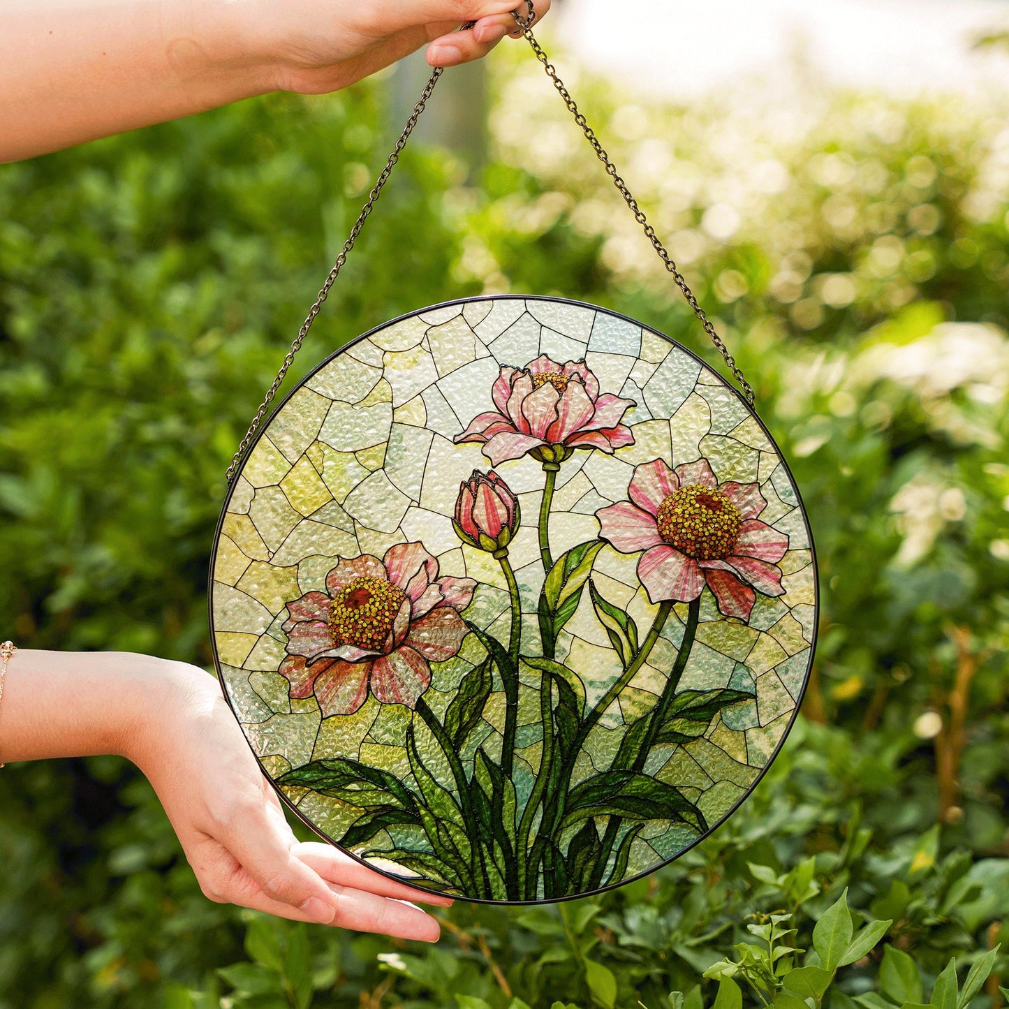 Pink floral stained glass round suncatcher window decor for mom gift