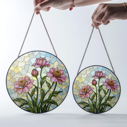 Pink floral stained glass round suncatcher window decor for mom gift