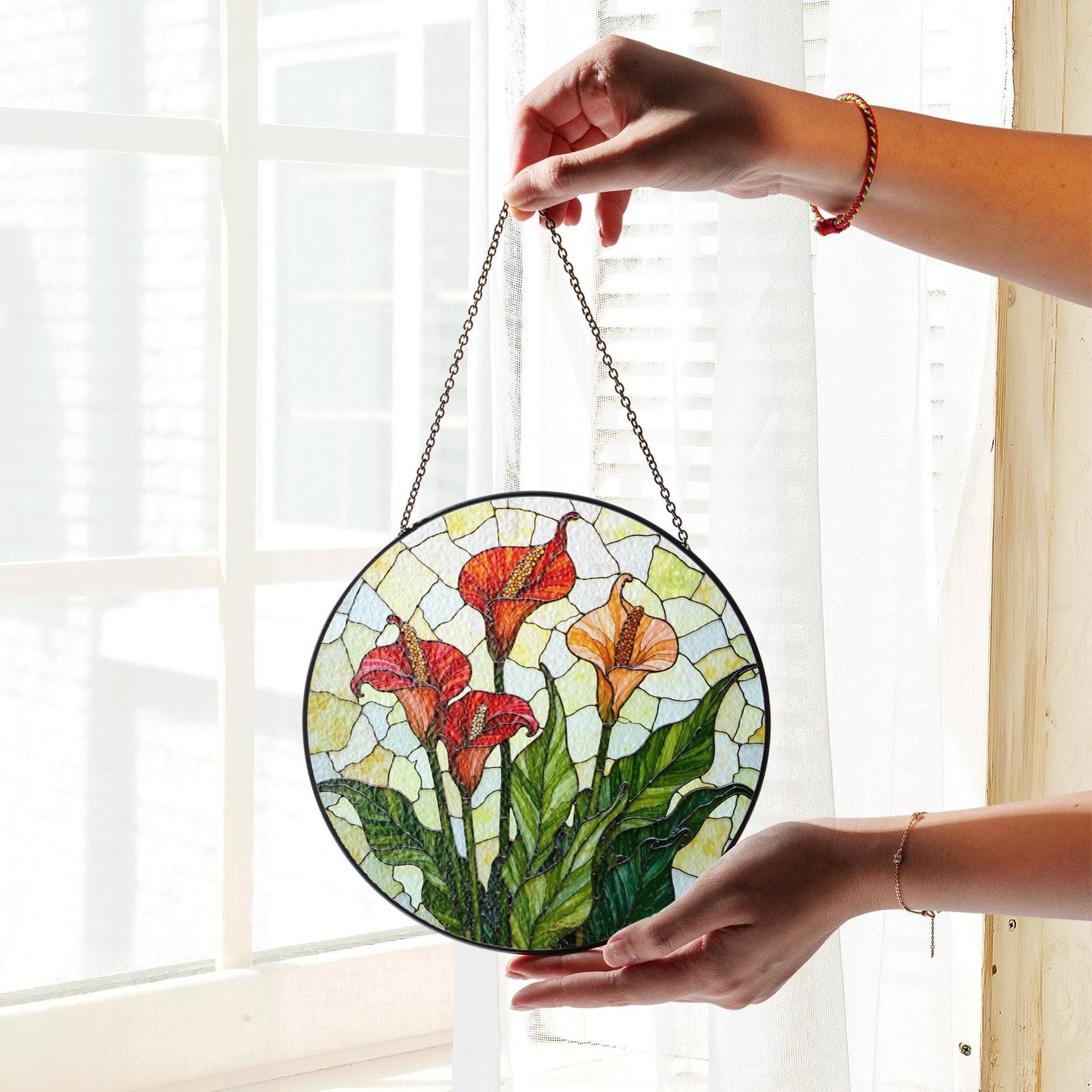 Calla Lily Bloom Round Stained Glass Suncatcher Sunlight Window Art Gift for Garden Lover
