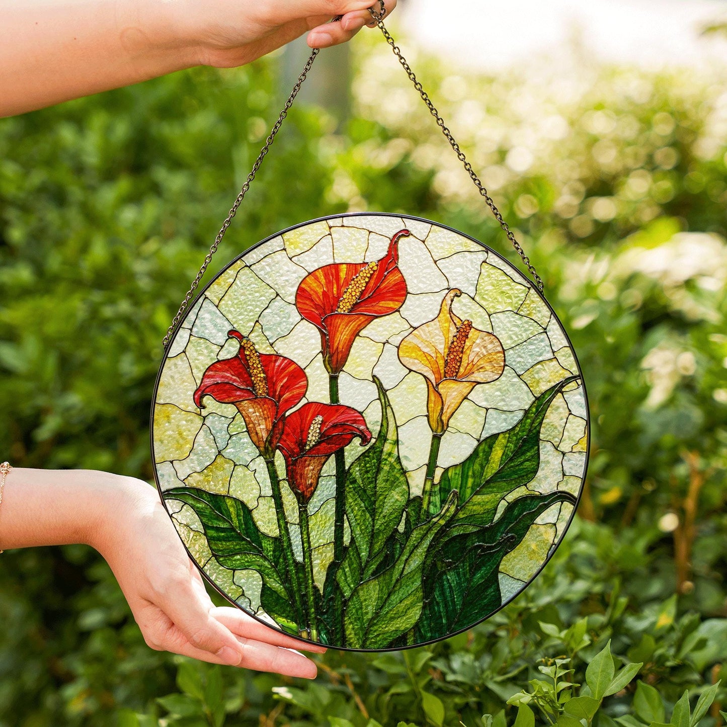 Calla Lily Bloom Round Stained Glass Suncatcher Sunlight Window Art Gift for Garden Lover