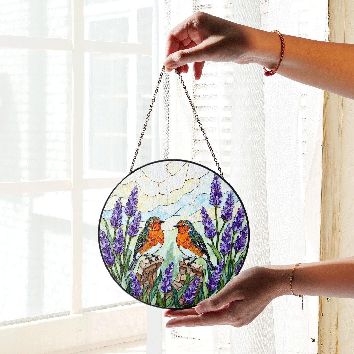 Two robins with lavender floral stained glass round suncatcher window hanging gift for mom