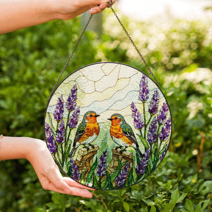 Two robins with lavender floral stained glass round suncatcher window hanging gift for mom