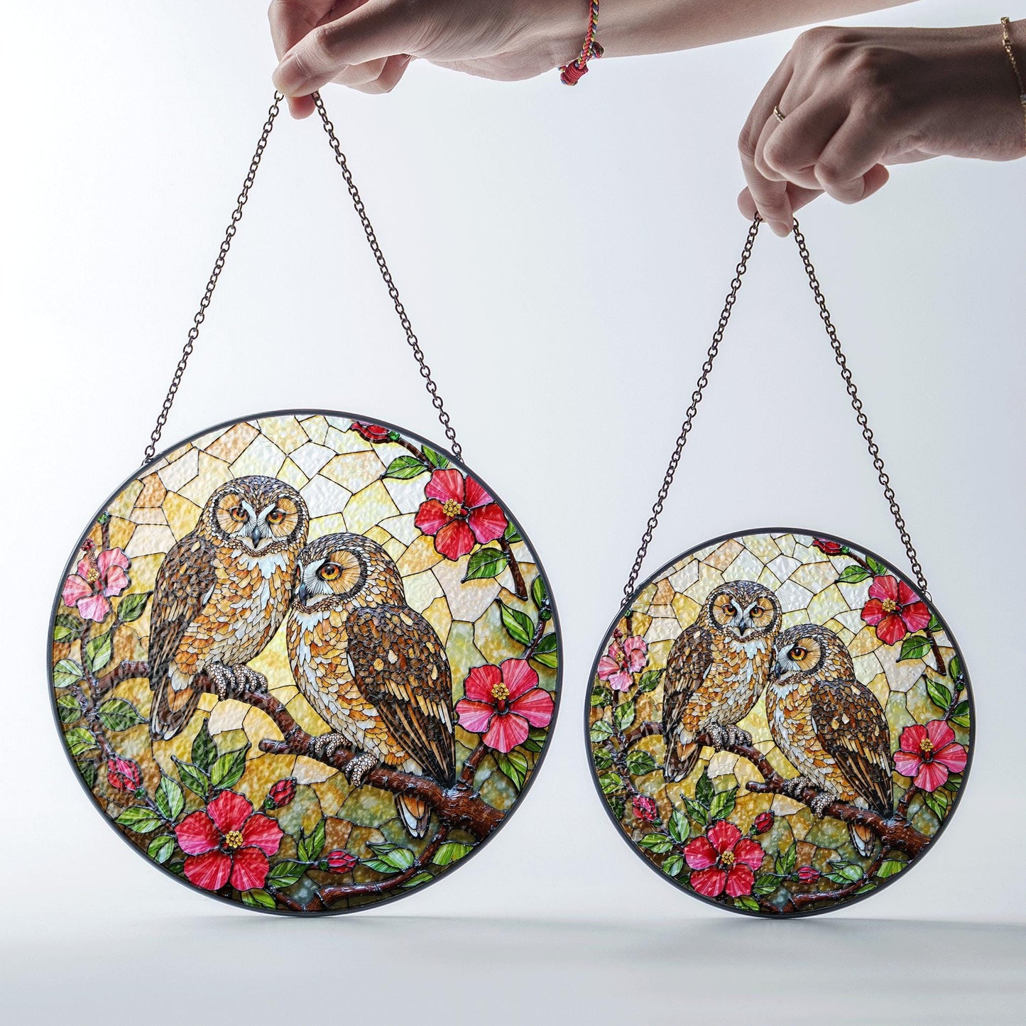two owls on branch floral stained glass window hanging bird art gift for mom or grandma nature lovers
