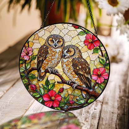 two owls on branch floral stained glass window hanging bird art gift for mom or grandma nature lovers