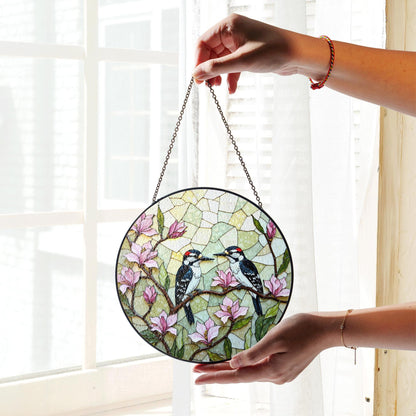 woodpeckers on magnolia branches stained glass style window suncatcher gift for mom
