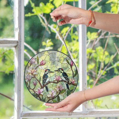 woodpeckers on magnolia branches stained glass style window suncatcher gift for mom