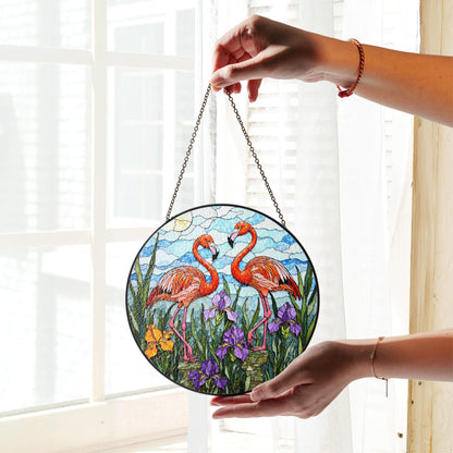 Flamingo Garden Scene Stained Glass Window Hanging Sun Catcher Gift for Bird Lovers