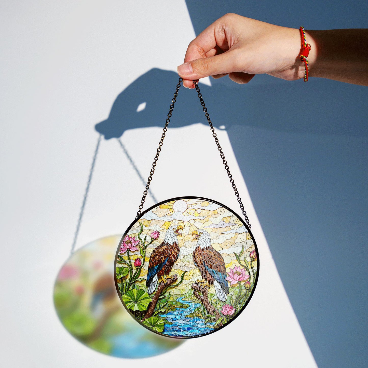 bald eagles in forest stained glass round suncatcher unique window decor gift for dad