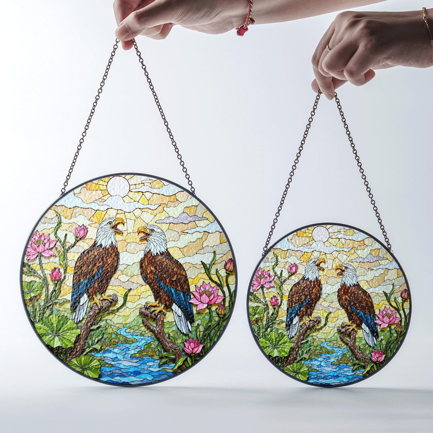 bald eagles in forest stained glass round suncatcher unique window decor gift for dad