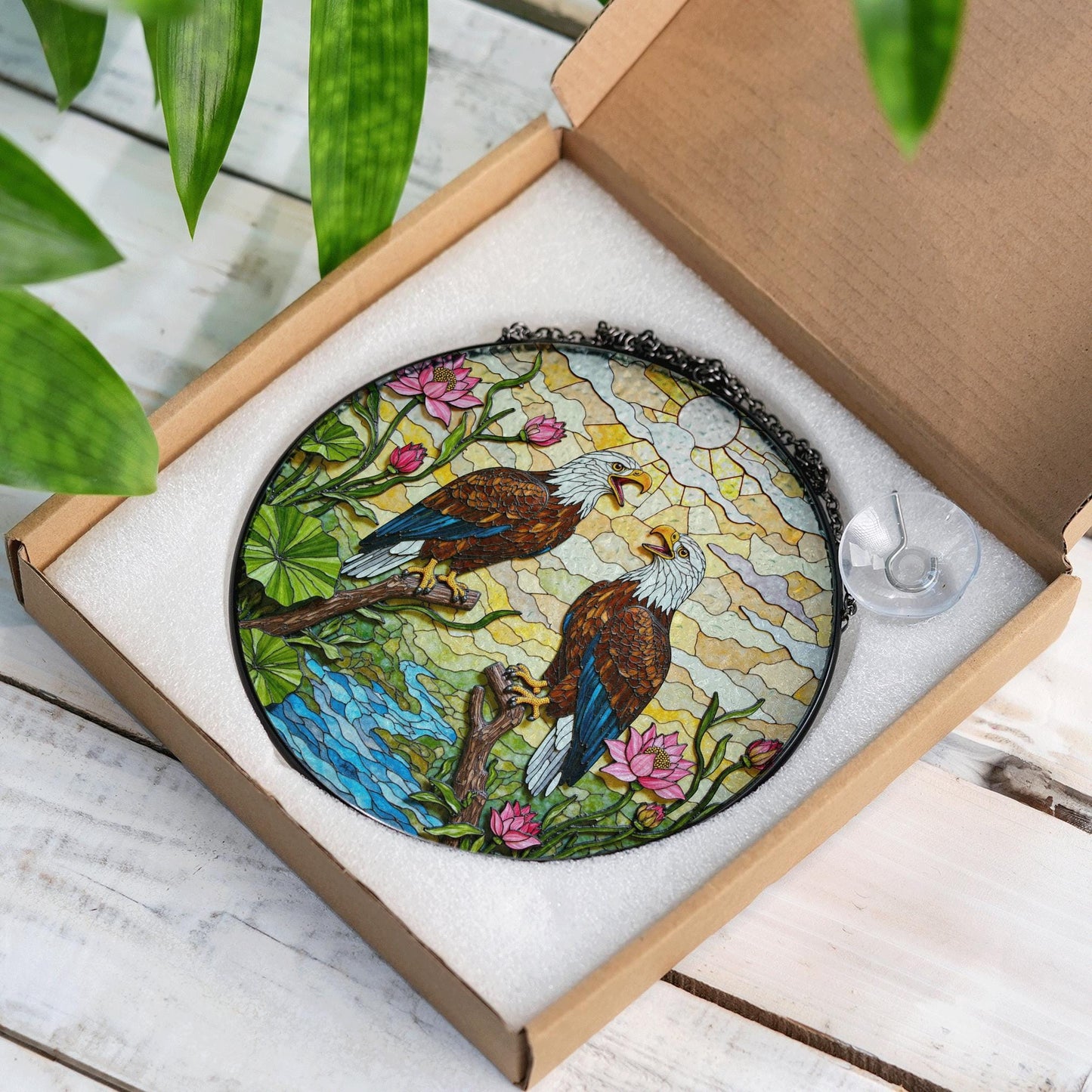 bald eagles in forest stained glass round suncatcher unique window decor gift for dad
