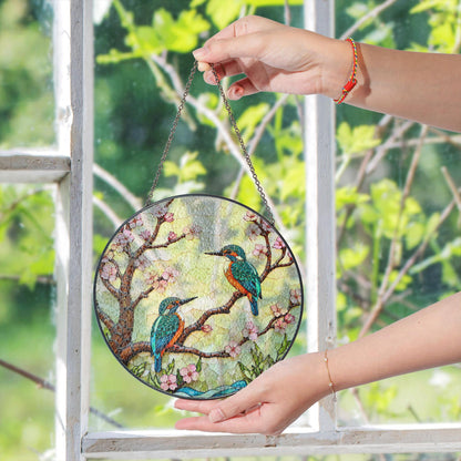 Kingfisher Birds on Cherry Blossom Branch Stained Glass Suncatcher Gift for Bird Lover