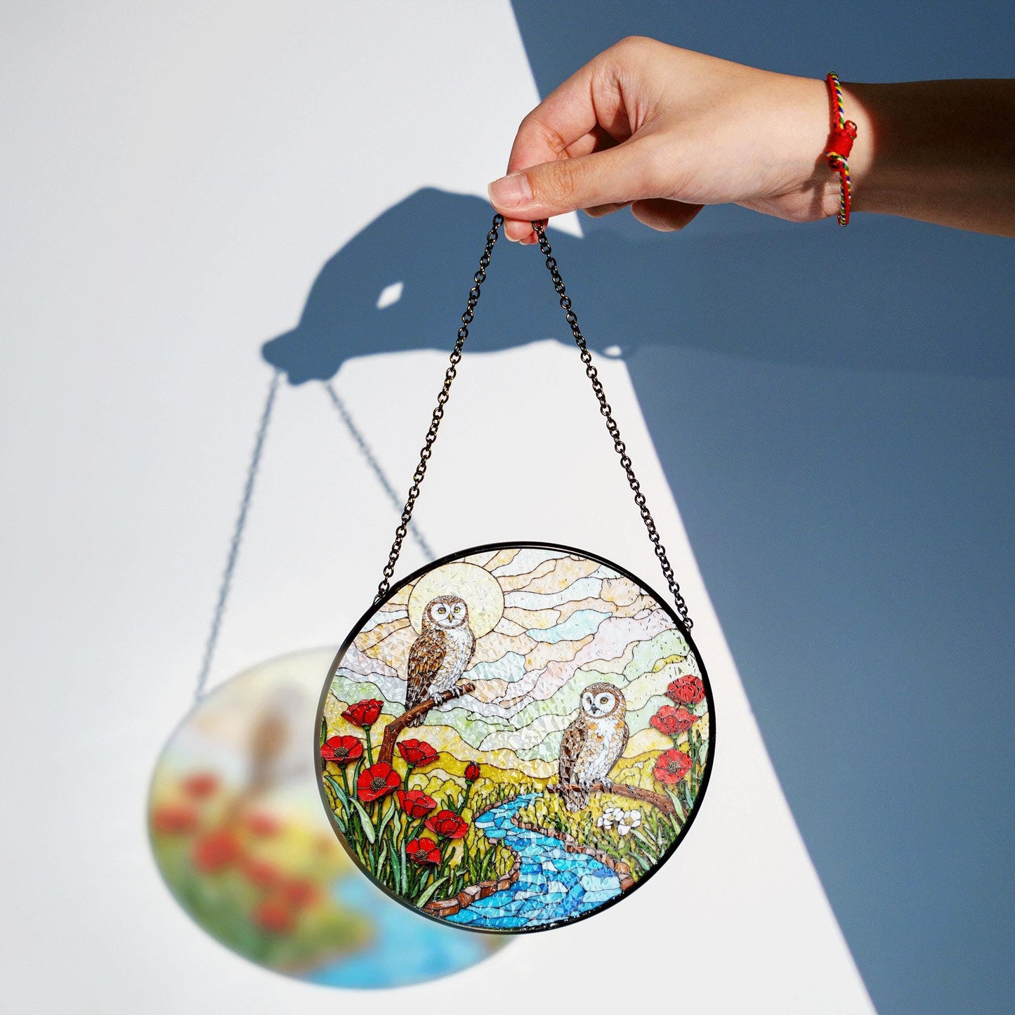 two owls river poppy field stained glass suncatcher forest art decor gift for bird lover