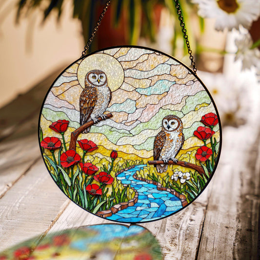 two owls river poppy field stained glass suncatcher forest art decor gift for bird lover