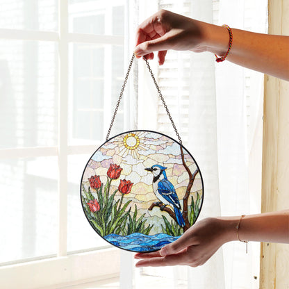 Blue jay red tulips stained glass suncatcher handmade window decor gift for bird lover friend