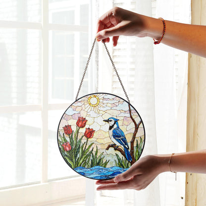 Blue jay red tulips stained glass suncatcher handmade window decor gift for bird lover friend