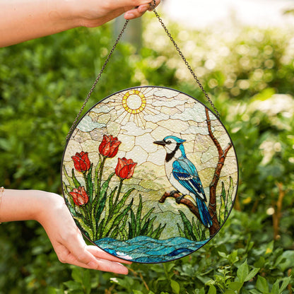 Blue jay red tulips stained glass suncatcher handmade window decor gift for bird lover friend