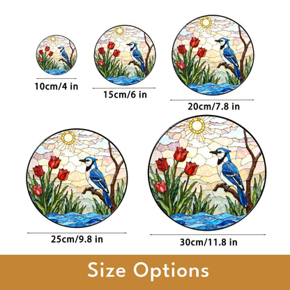Blue jay red tulips stained glass suncatcher handmade window decor gift for bird lover friend